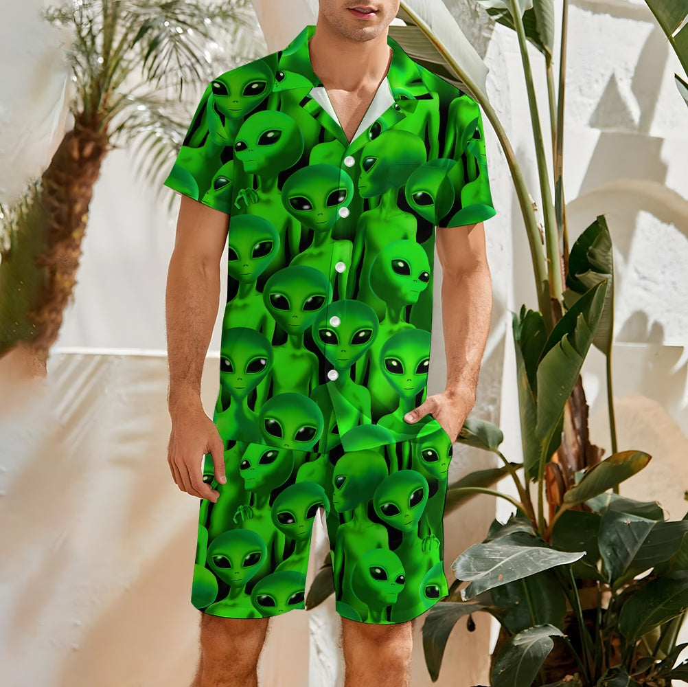 Men's Fluorescent Alien Print Print Beach Two-Piece Suit 2403000650