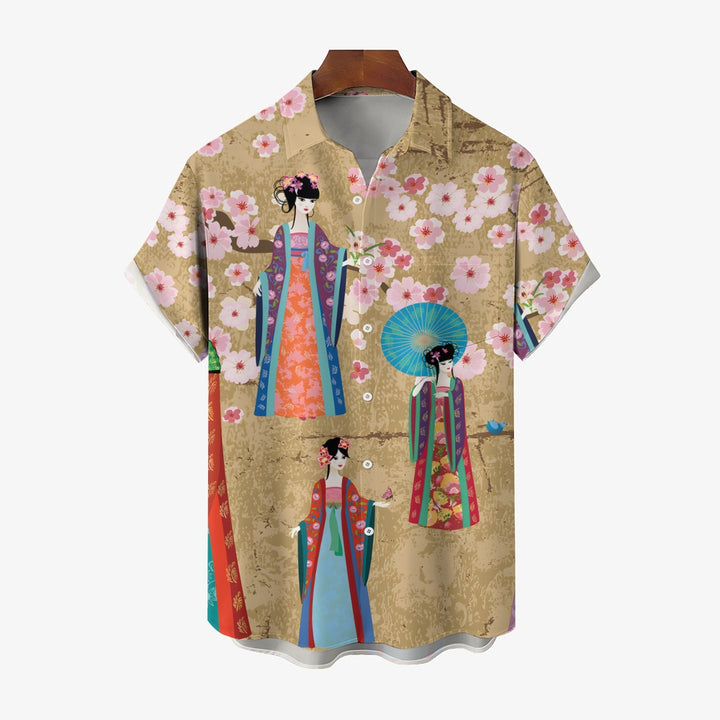 Retro Chinese Style Girl Print Casual Short Sleeve Shirt 2404000877