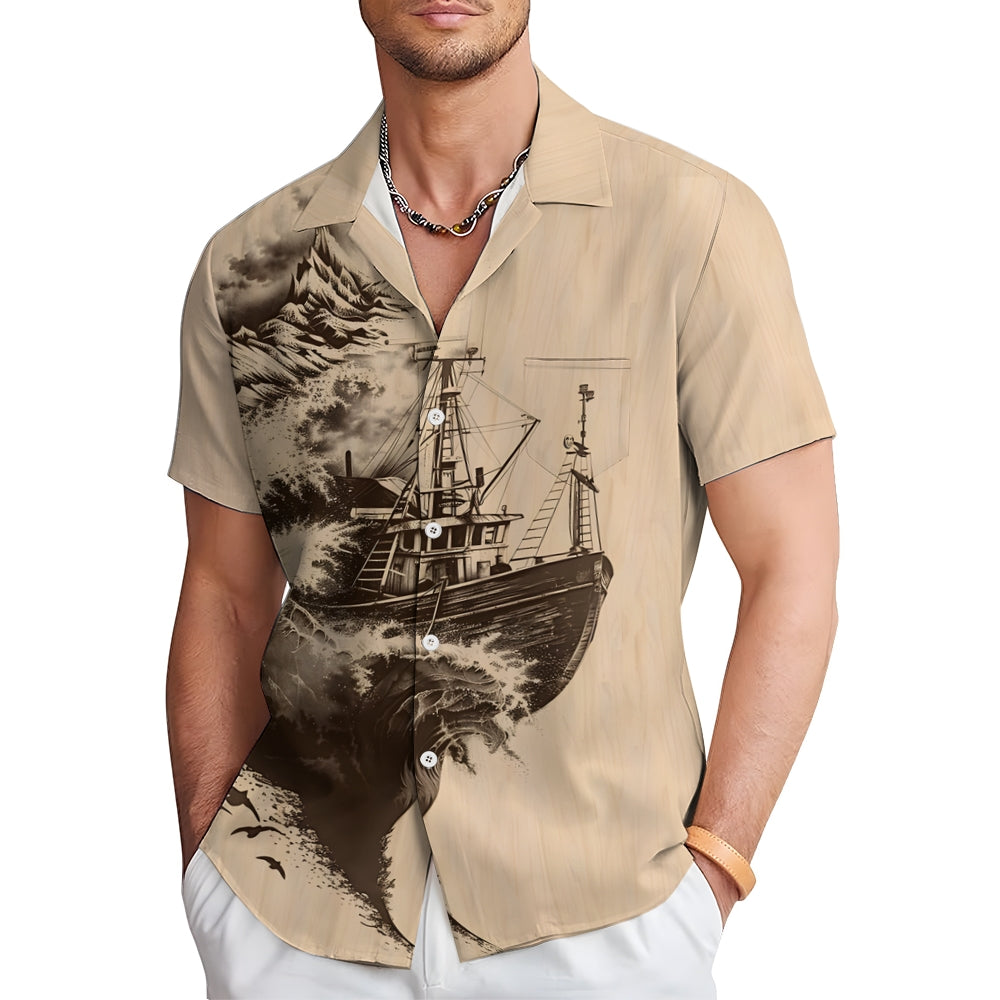 Sailing Wave Boat Print Casual Short Sleeve Shirt 2412005899