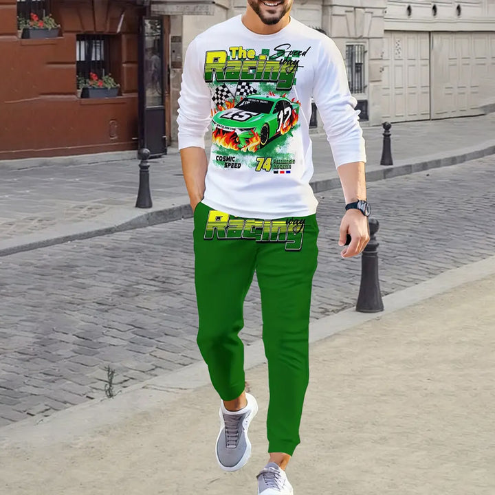 Men's Casual 3D Printed Racing Themed Sweatshirt and Pants Set