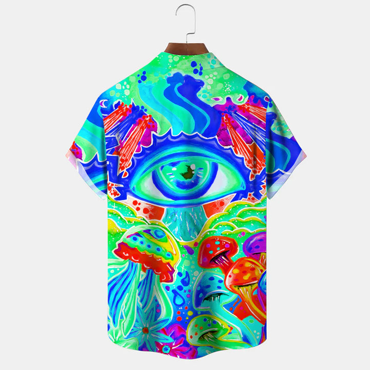 Art Mushroom Eye Button Pocket Casual Short Sleeve Shirt