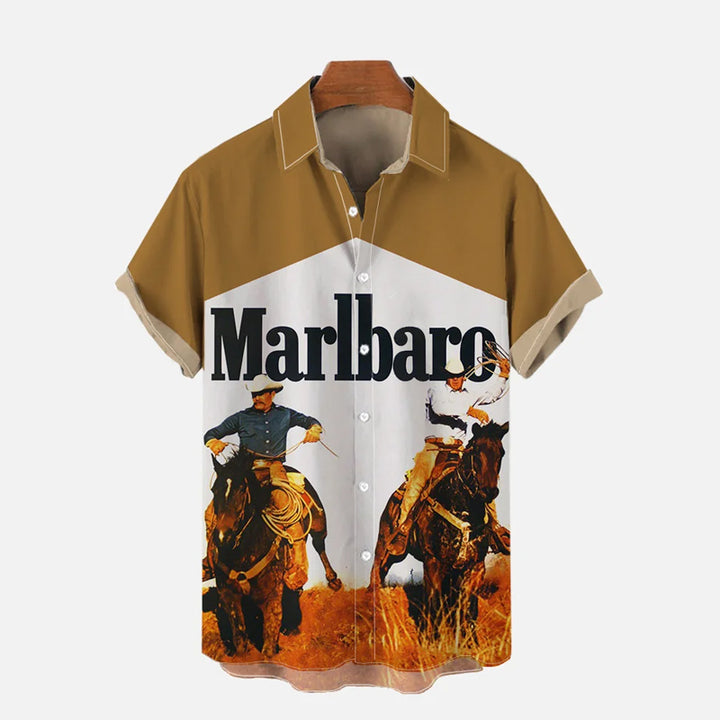 Vintage Khaki And White Stitching Western Cowboys Riding Horses Printing Shirt