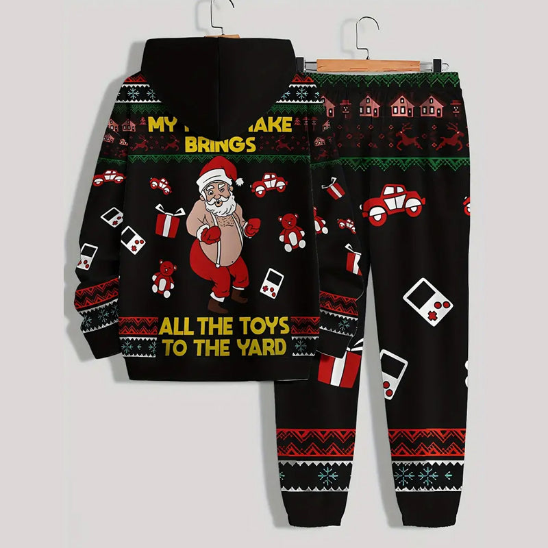 Men's Playful Santa Claus & Gifts Print Long Sleeve Hoodie & Sweatpants Set