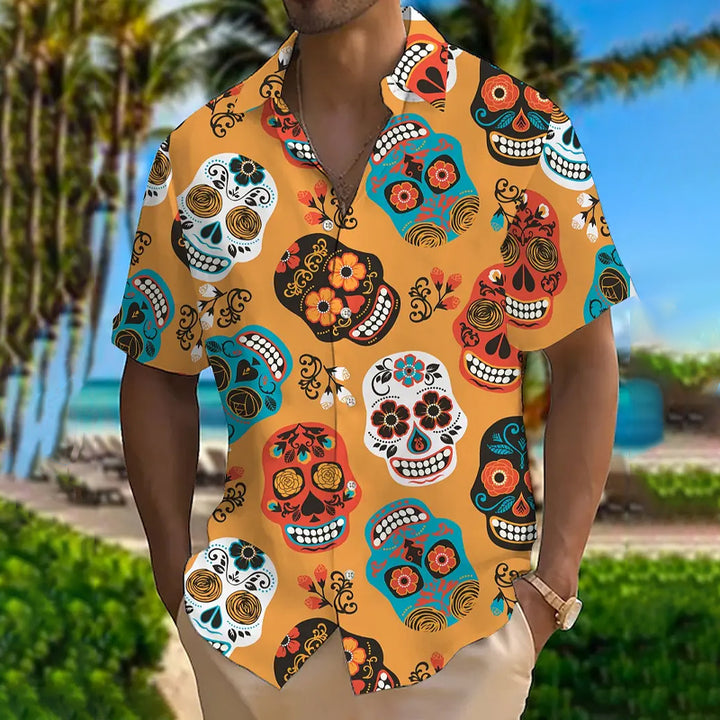 Men's Casual Short Sleeve Shirt with Unique Skull Print