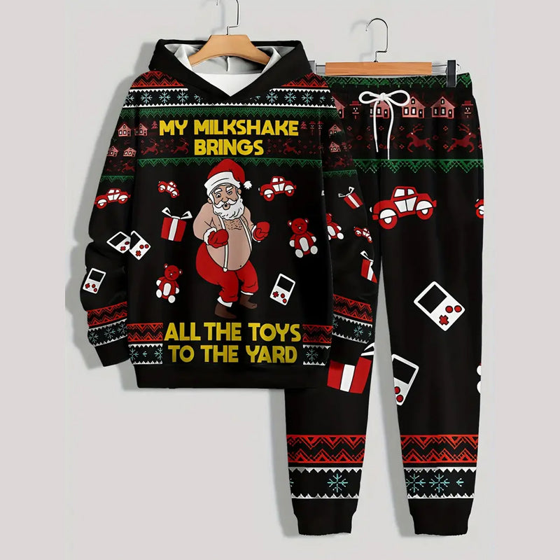 Men's Playful Santa Claus & Gifts Print Long Sleeve Hoodie & Sweatpants Set