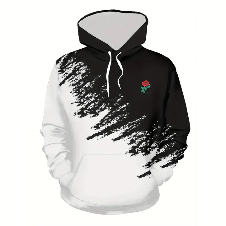 Men's Black and White Gradient with Rose Print Hoodie