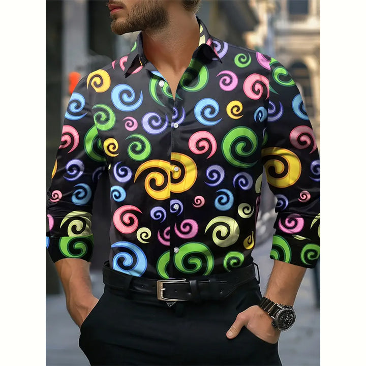 Men's Colorful Thread Print Long-sleeved Shirt