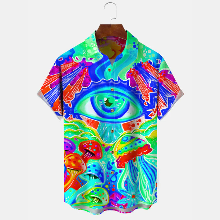 Art Mushroom Eye Button Pocket Casual Short Sleeve Shirt