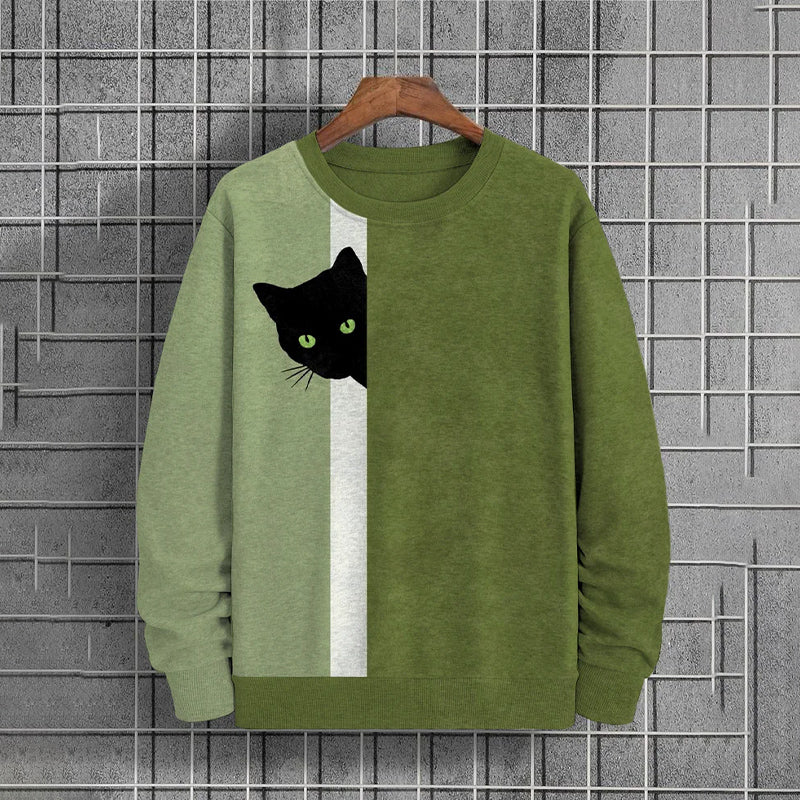 Men's Fun Hide And Seek Black Cat Print Casual Sweatshirt