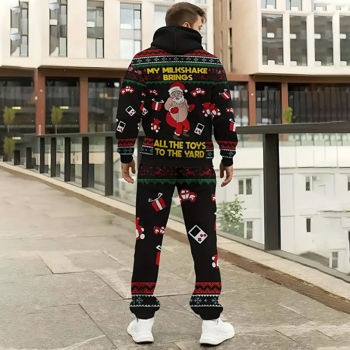 Men's Playful Santa Claus & Gifts Print Long Sleeve Hoodie & Sweatpants Set