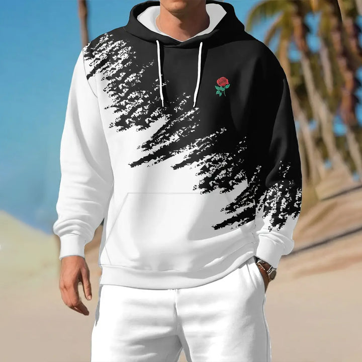 Men's Black and White Gradient with Rose Print Hoodie