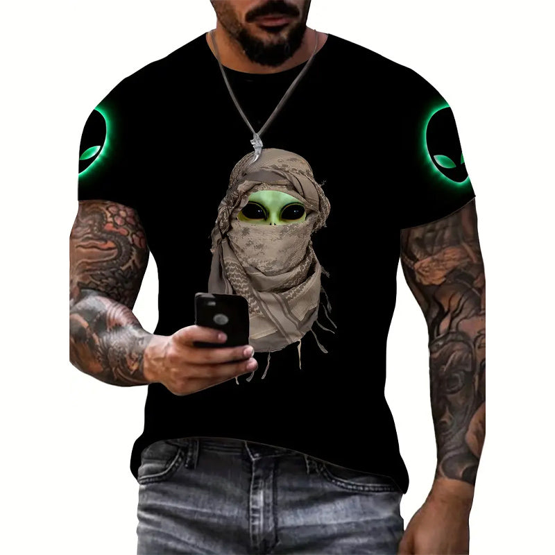 Men's 3D Alien Print Short Sleeve Crew Neck T-Shirt