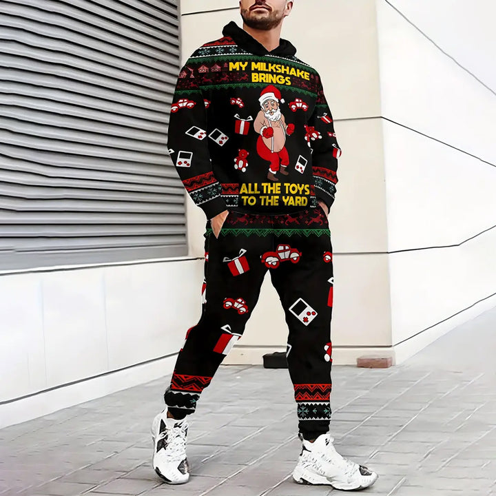 Men's Playful Santa Claus & Gifts Print Long Sleeve Hoodie & Sweatpants Set