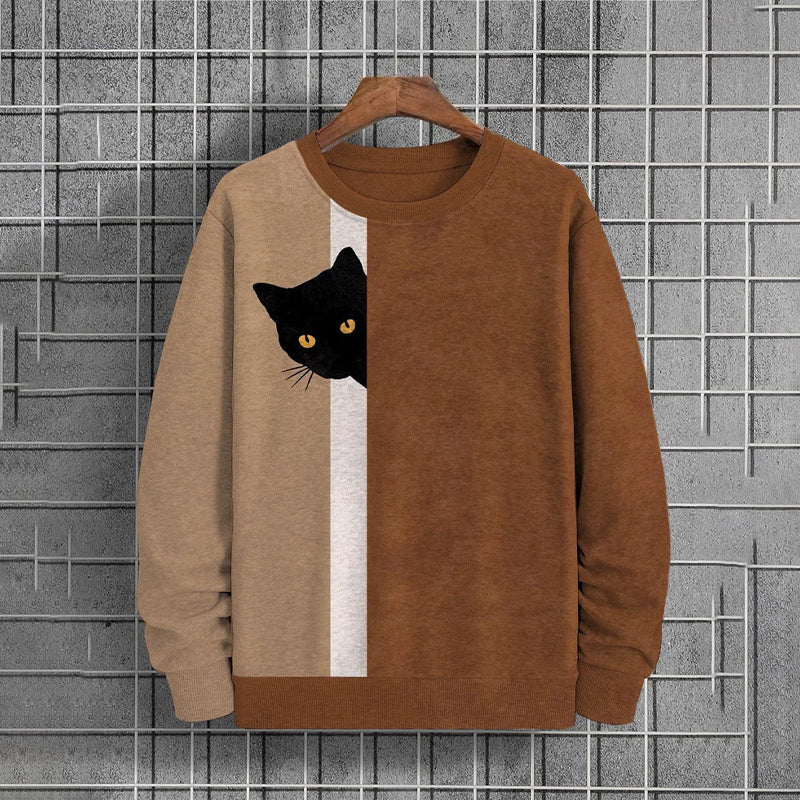 Men's Fun Hide And Seek Black Cat Print Casual Sweatshirt