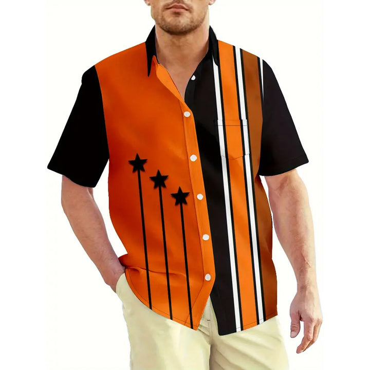 Men's striped contrasting printed casual short-sleeved shirt