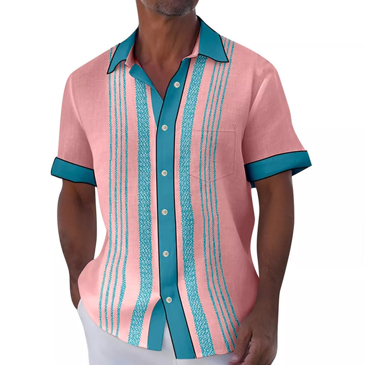 Men's Contrast Stripe Print Short Sleeve Lapel Shirt