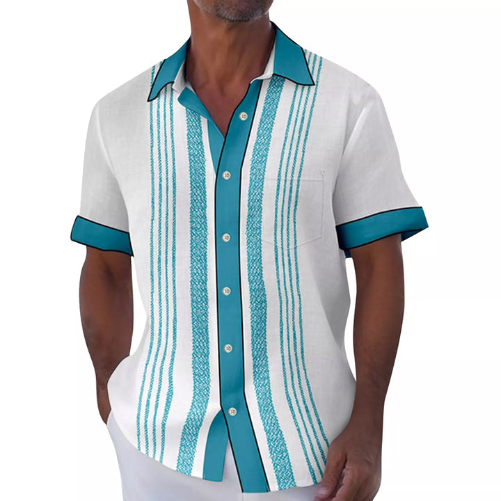 Men's Contrast Stripe Print Short Sleeve Lapel Shirt