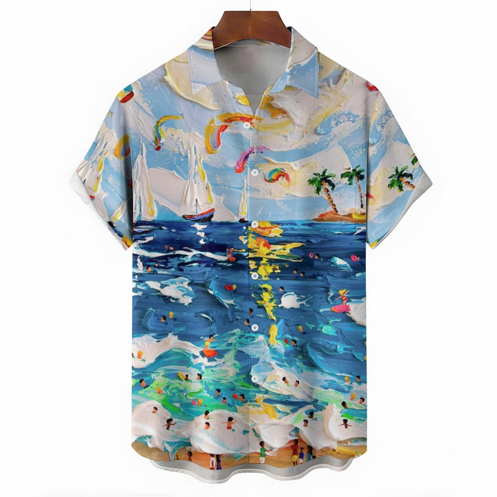 Men's Oil Painting Beach Art Print Hawaiian Casual Short Sleeve Shirt 2405002082