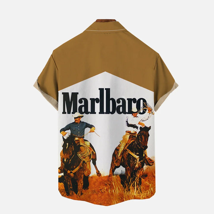 Vintage Khaki And White Stitching Western Cowboys Riding Horses Printing Shirt