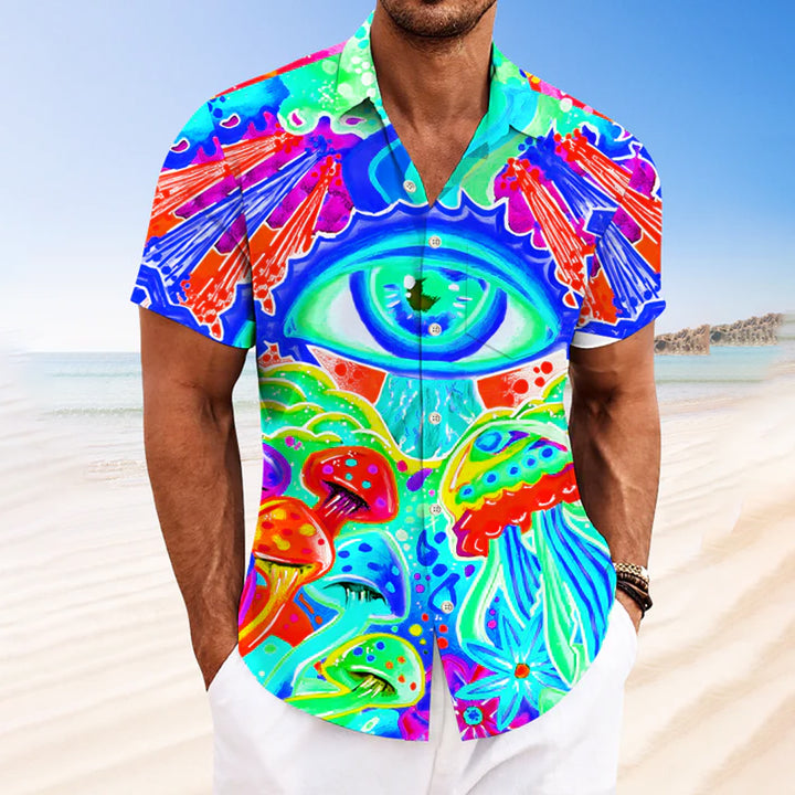 Art Mushroom Eye Button Pocket Casual Short Sleeve Shirt