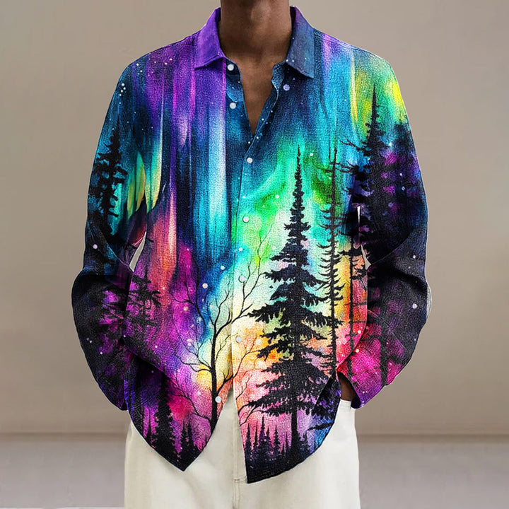 Men's Vintage Iridescent Aurora Forest Art Print Long Sleeve Shirt 2411000218