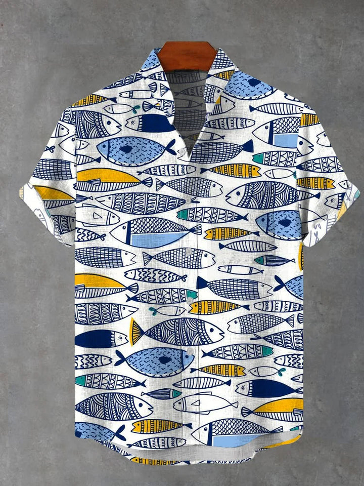 Cartoon Hand-Painted Various Fish Print Short-Sleeved Shirts