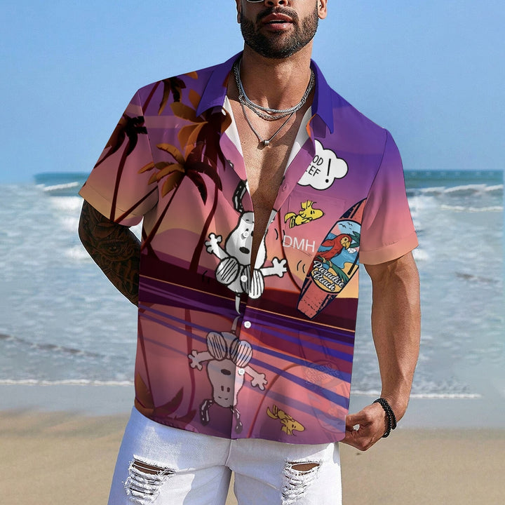 Men's Hawaiian Cartoon Puppy Diving Casual Short Sleeve Shirt 2408007561