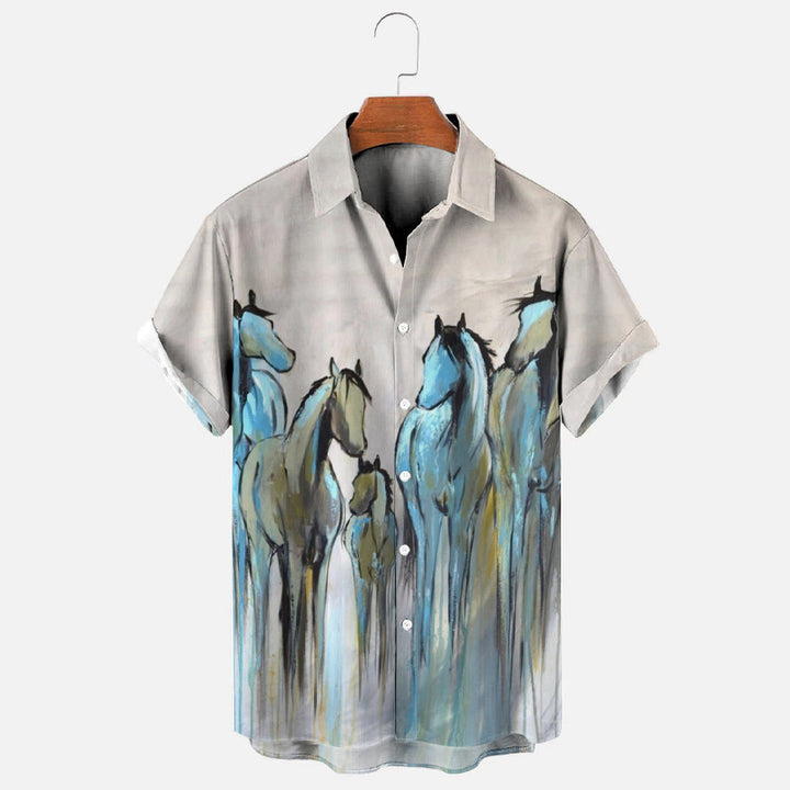 Colorful Horse Art Print Casual Oversized Short Sleeve Shirt 2407002251