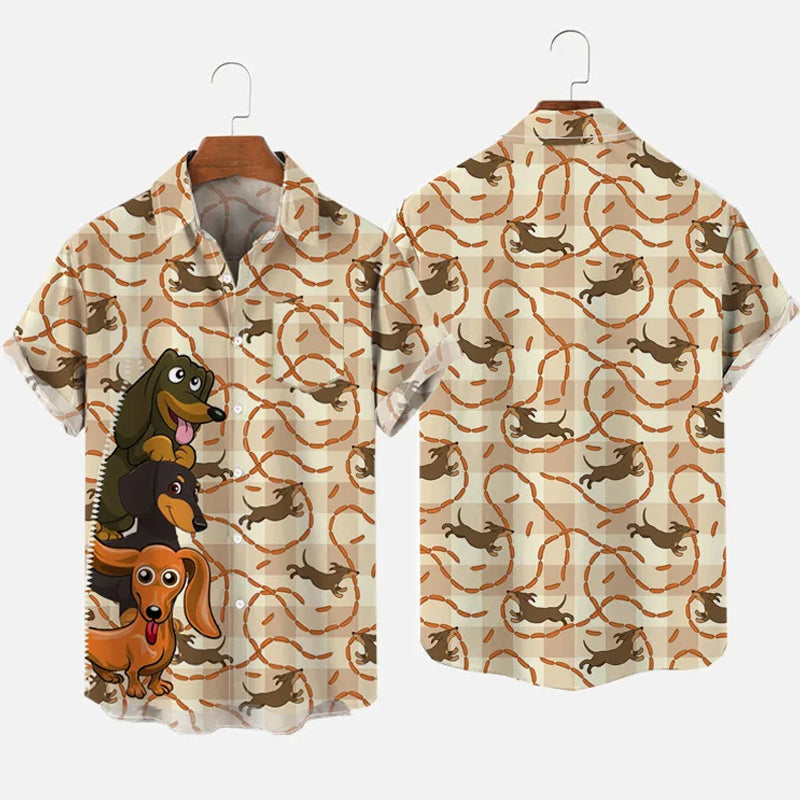 Brown Plaid Background Cartoon Dachshunds Printing Breast Pocket Short Sleeve Shirt