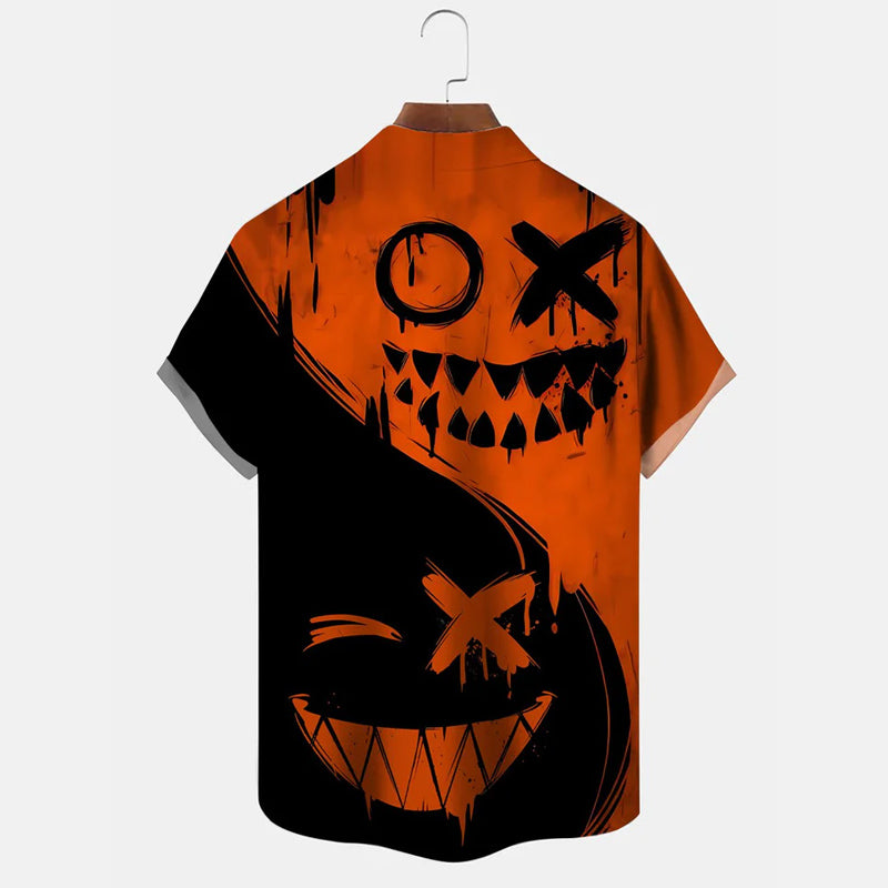 Men's Halloween Pumpkin Button Casual Short Sleeve Shirt