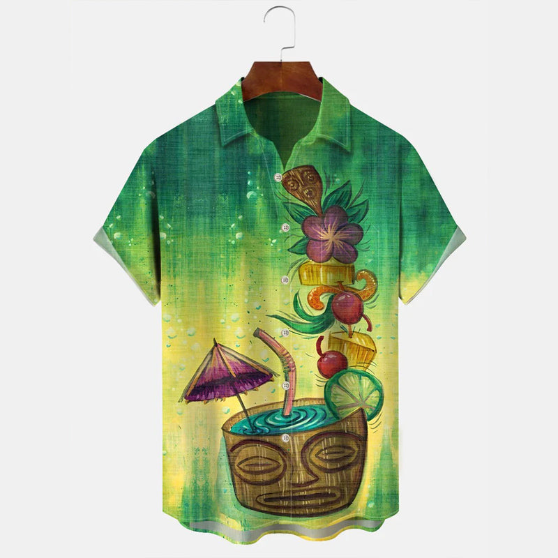 Beach Coconut Tree Stone Statue Button Short Sleeve Shirt