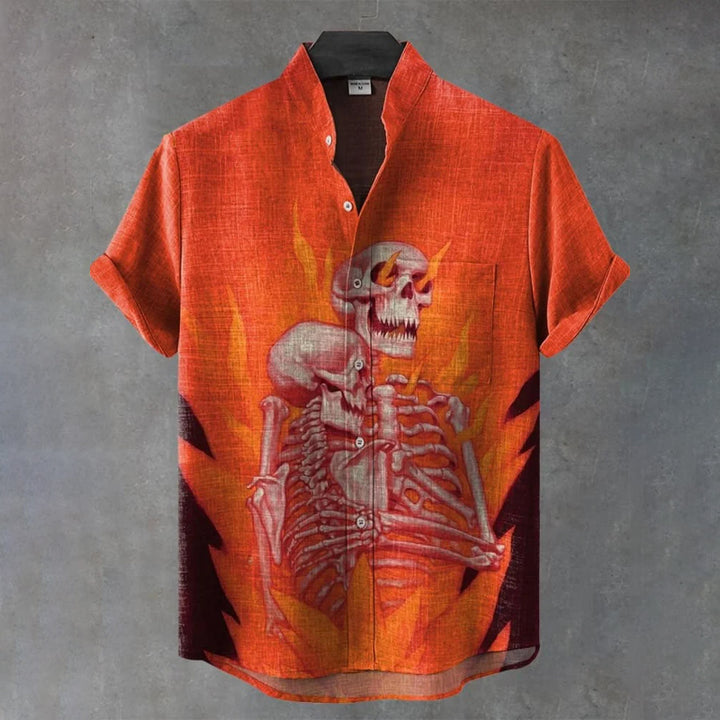 Vintage Flame Skull Art Print Casual Shirt