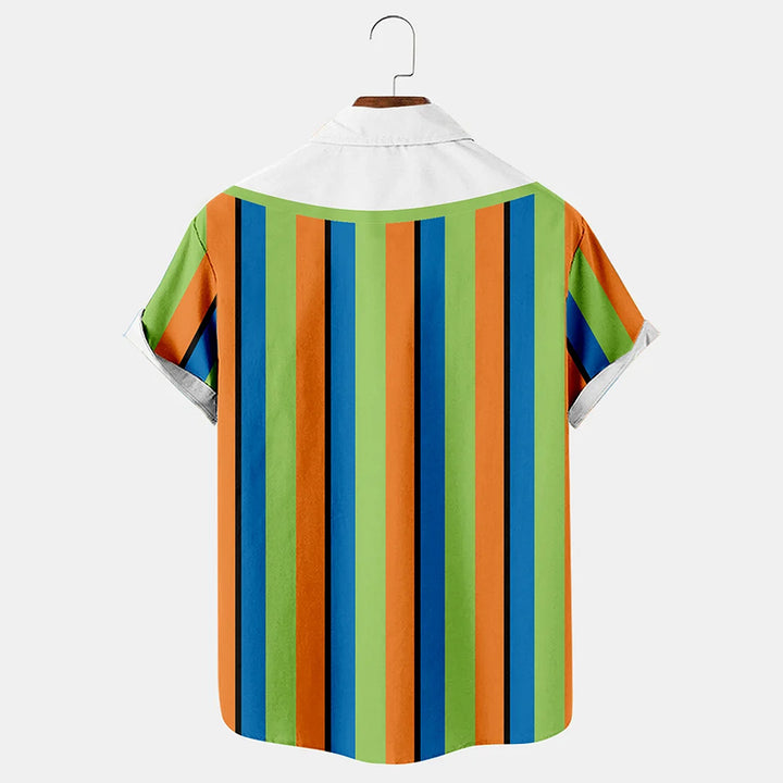 Cartoon Stripe Print Loose Hawaiian Pocket Short Sleeve Shirt