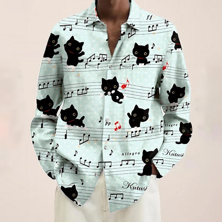 Musician Cat Print Long Sleeve Hawaiian Shirt