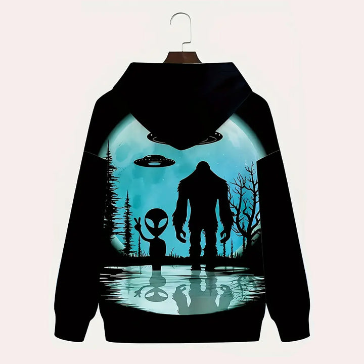 Men's Anime Alien & Gorilla Graphic Print Hooded