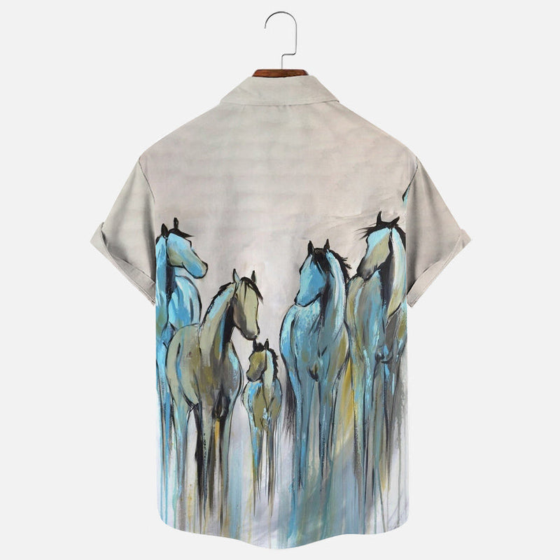 Colorful Horse Art Print Casual Oversized Short Sleeve Shirt 2407002251