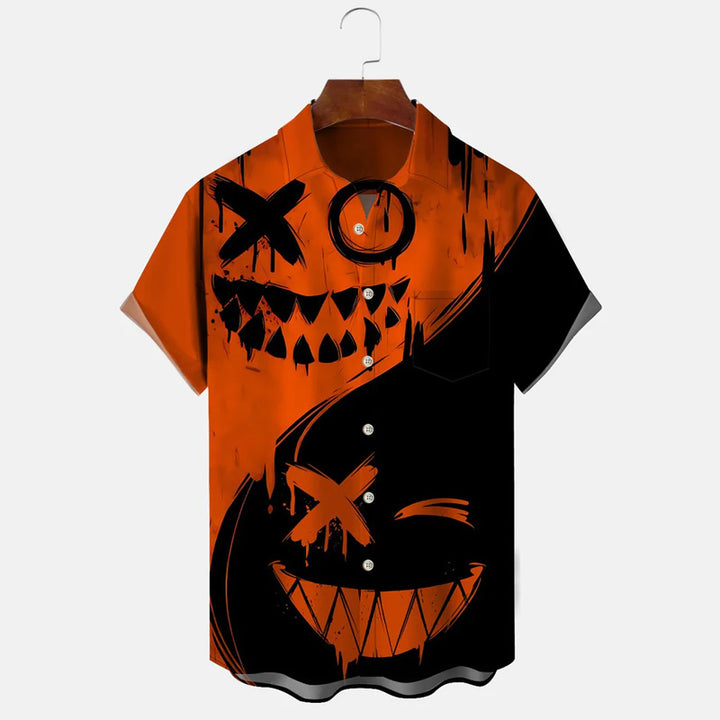 Men's Halloween Pumpkin Button Casual Short Sleeve Shirt