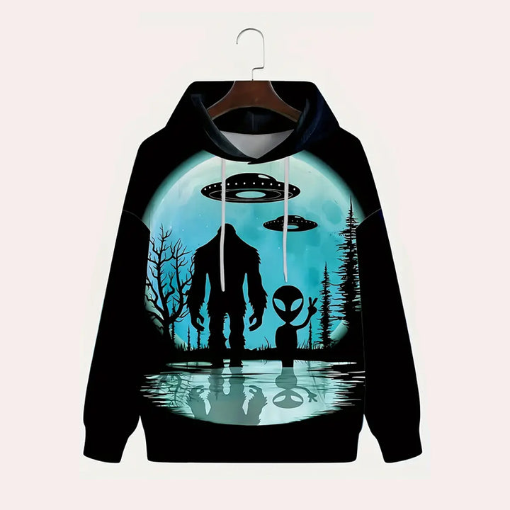 Men's Anime Alien & Gorilla Graphic Print Hooded