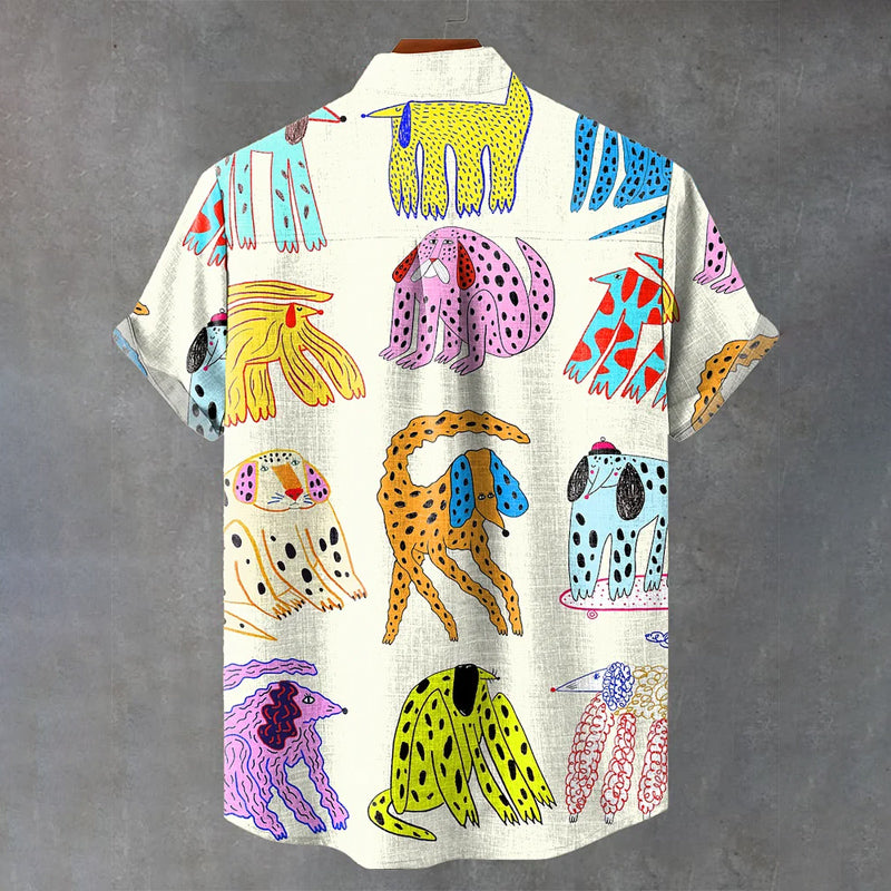 Colorful Fun Puppy Vintage Print Casual Shirt