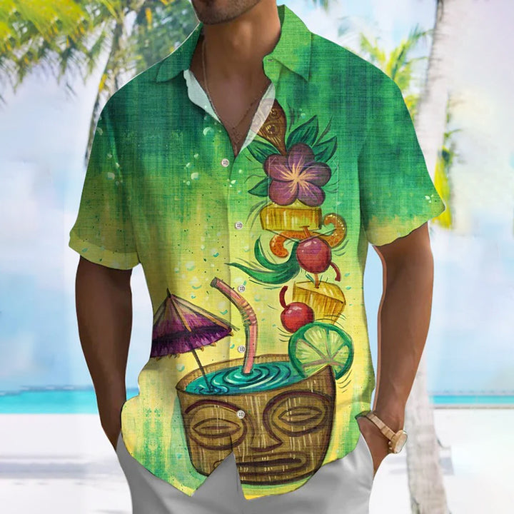 Beach Coconut Tree Stone Statue Button Short Sleeve Shirt