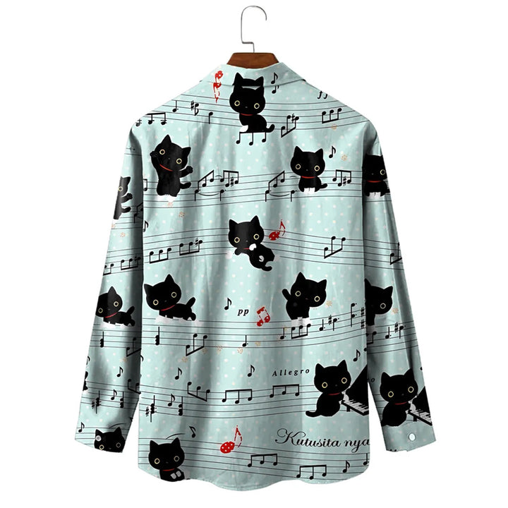 Musician Cat Print Long Sleeve Hawaiian Shirt