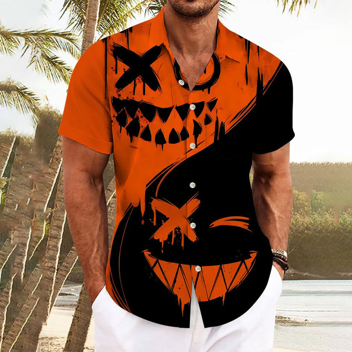 Men's Halloween Pumpkin Button Casual Short Sleeve Shirt