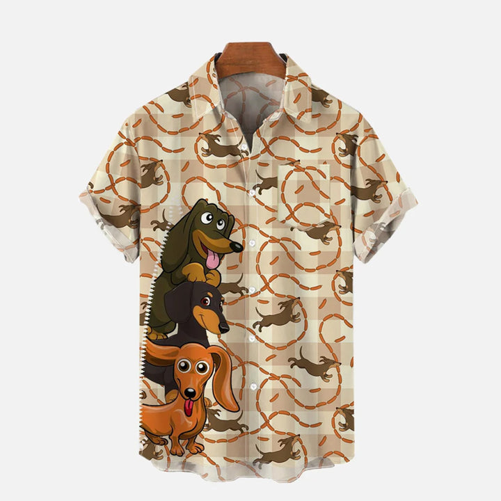 Brown Plaid Background Cartoon Dachshunds Printing Breast Pocket Short Sleeve Shirt