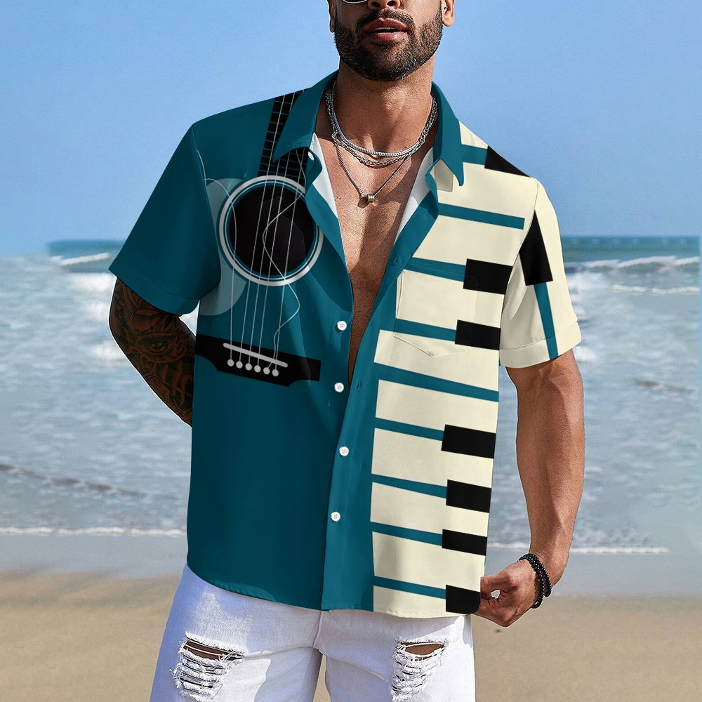 Music Piano Guitar Casual Large Size Short Sleeve Shirt 2407002075