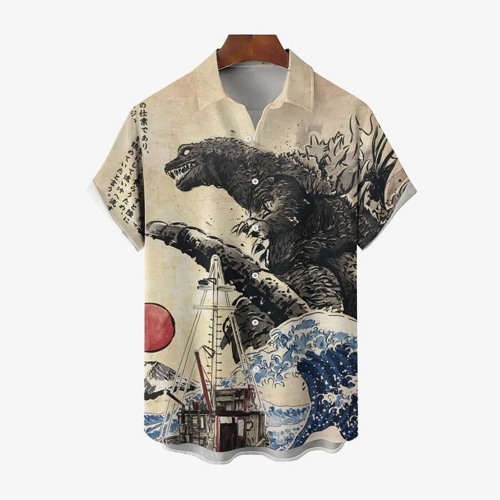 Ukiyo-e Monster Godzilla Casual Short Sleeve Shirt 2404001803