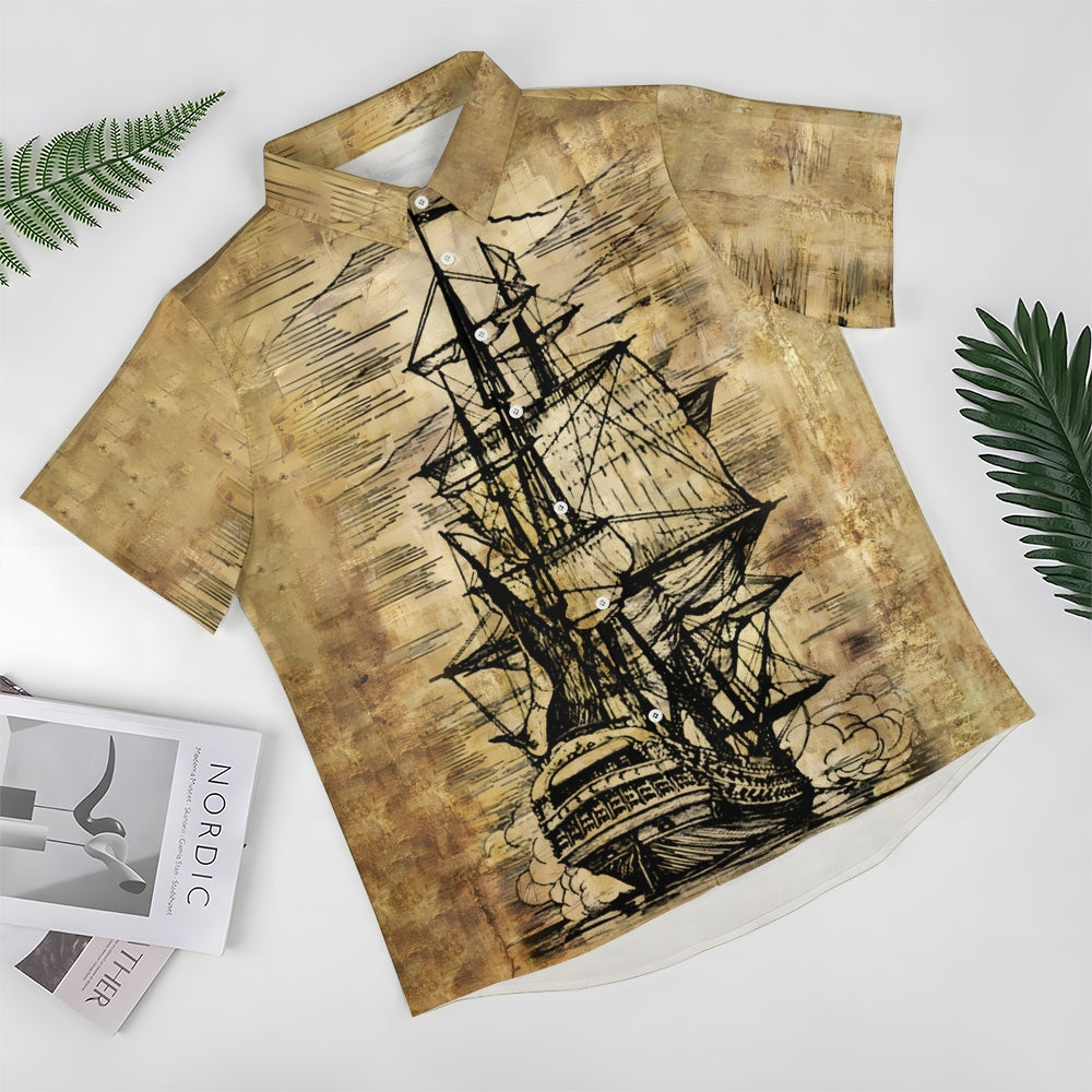 Men's Vintage Sailing Sailboat Print Short Sleeve Shirt 2412006981