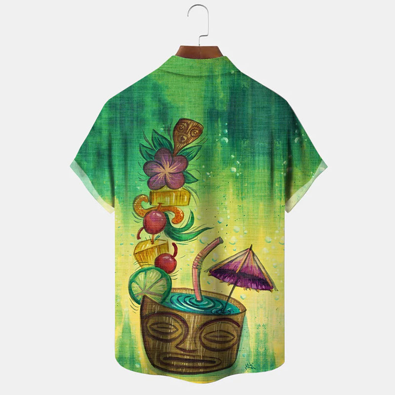 Beach Coconut Tree Stone Statue Button Short Sleeve Shirt