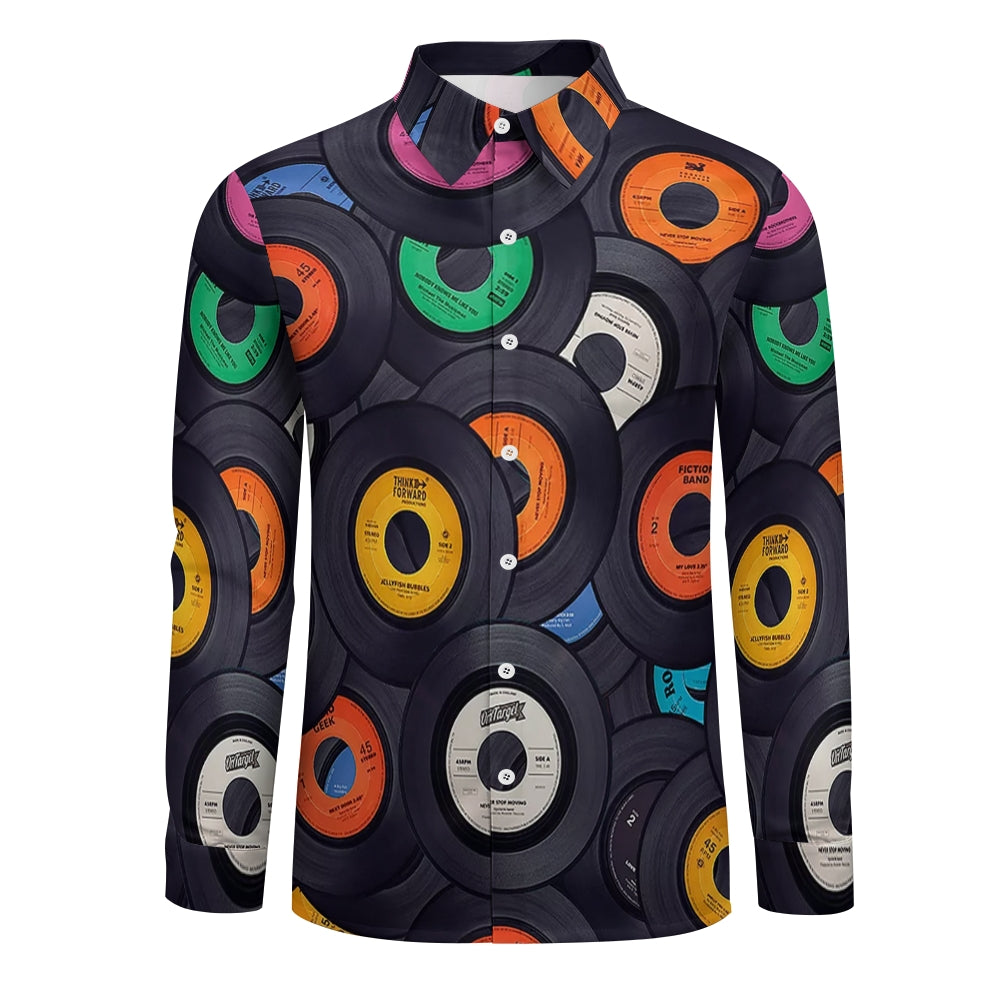 Men's Vinyl Records Casual Printed Long Sleeve Shirt 2402000112