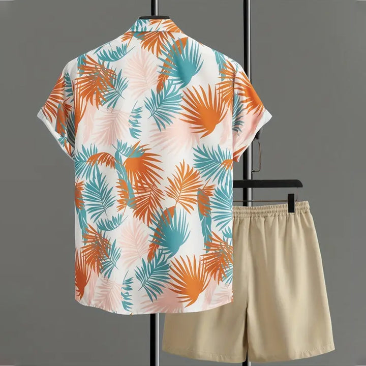 Mens Tropical Leaf Print 2Pcs Outfit Set