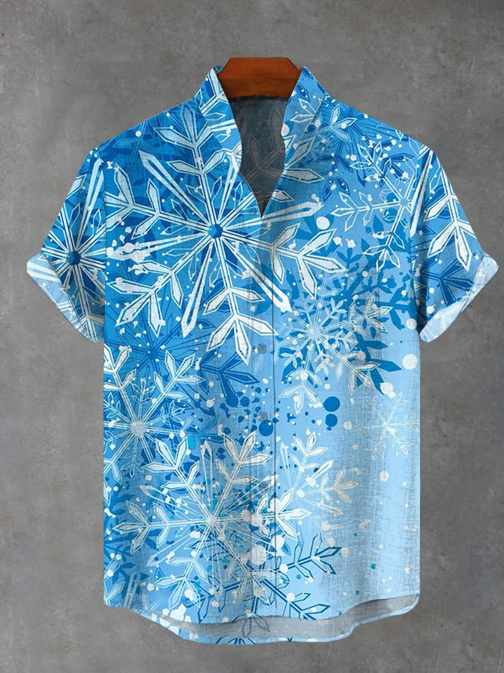 Blue Crystal Snowflake Print Short-Sleeved Shirt